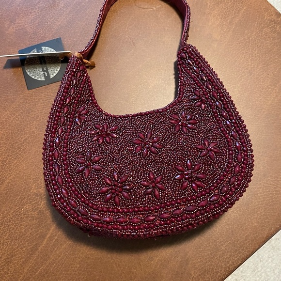 From You to India Hand Beaded Flower Purse, Solid Burgundy, Floral Design. - Picture 5 of 7